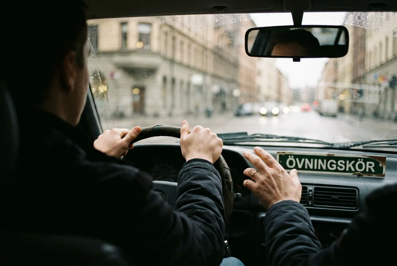 Trafiklärare instruerar lugnt en elev bakom ratten i Göteborgstrafik