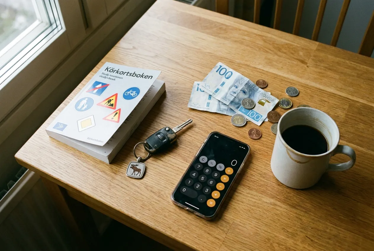 Teoribok, bilnycklar, miniräknare och svenska sedlar på ett skrivbord