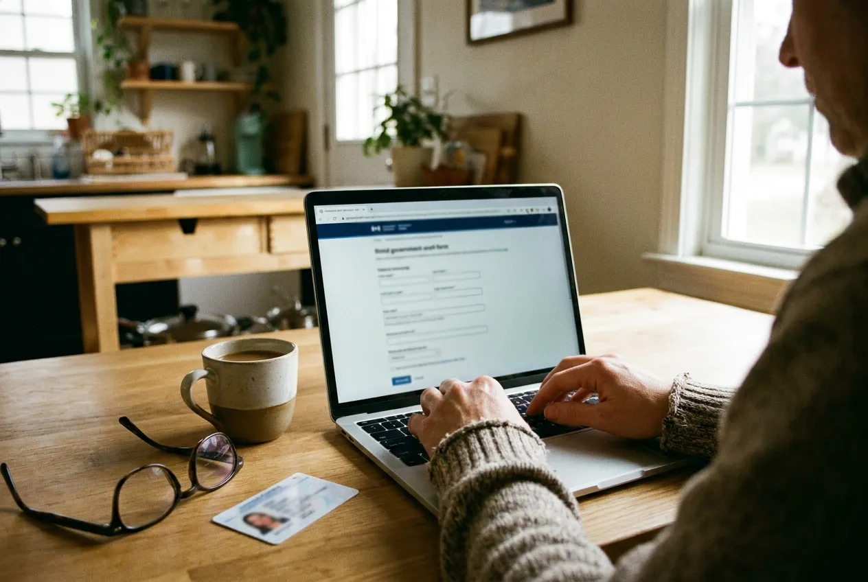 Ung person fyller i ansökan om körkortstillstånd på en laptop hemma vid köksbordet