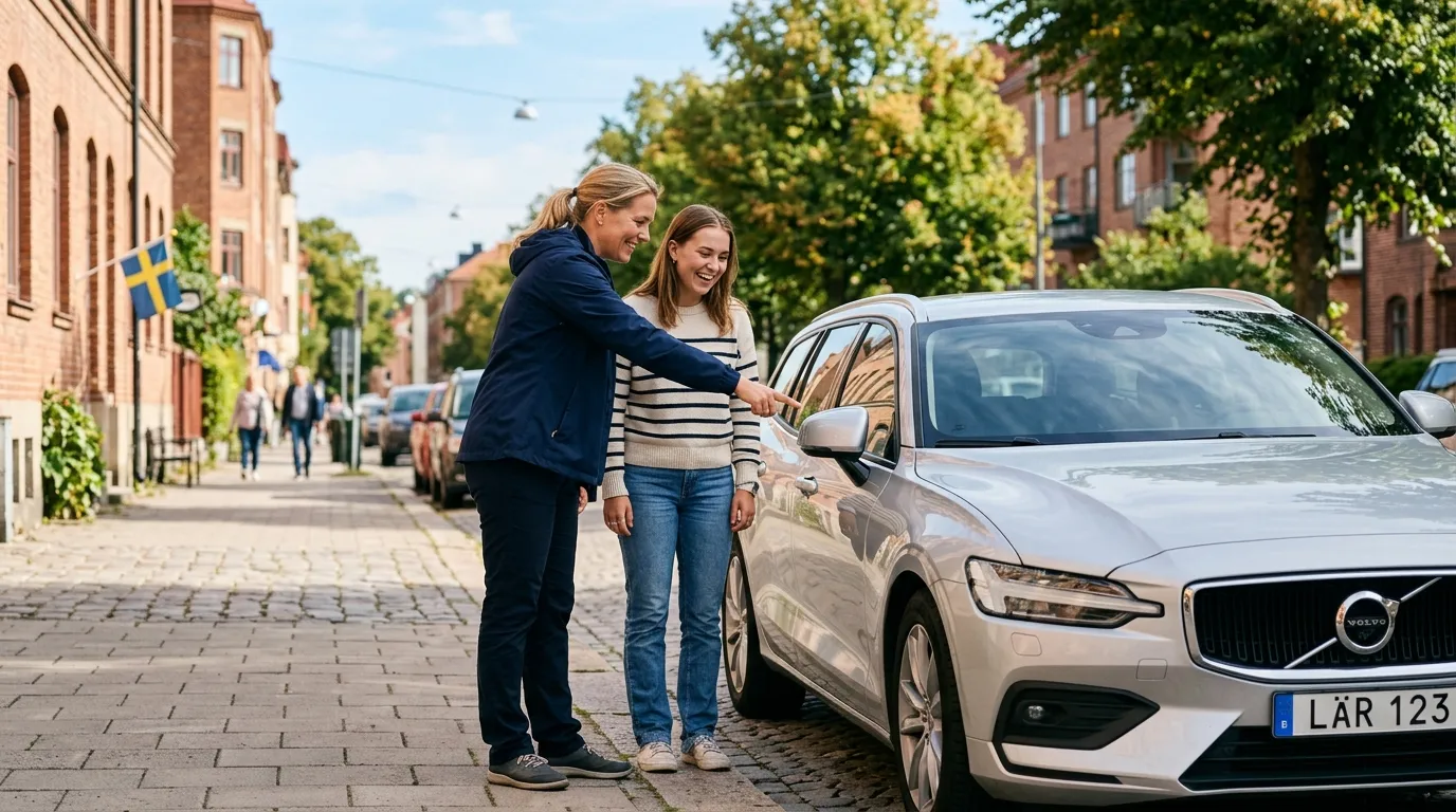 Trafiklärare och elev vid bilen i Göteborg