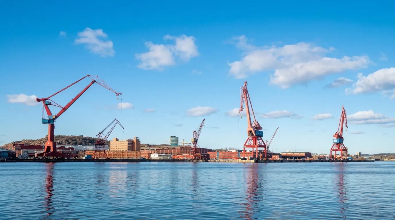 Göteborgs hamn med kranar en solig dag